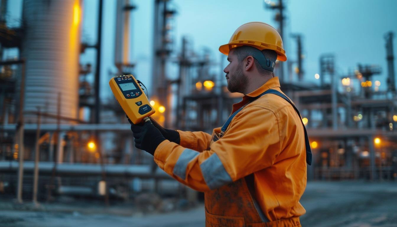 Gas detector handheld device being used by man in overalls and a hard hart on an industrial site